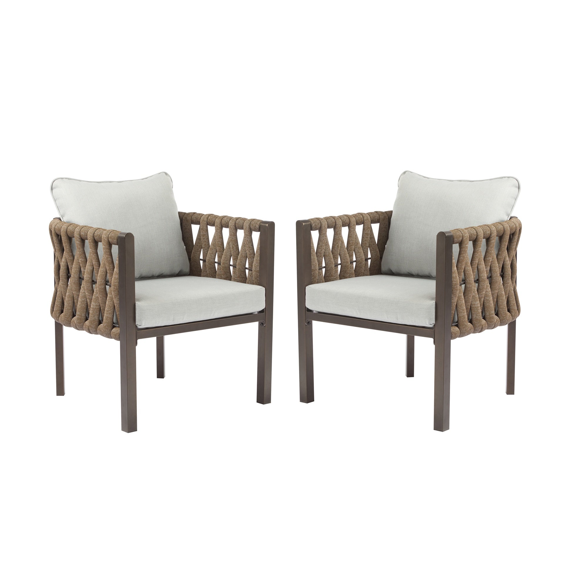 2-Pieces Outdoor Metal Patio Club Chair, Patio Furniture Arm Chair with Cushion, Modern Outdoor Furniture Deep Seating for Porch, Garden, Backyard, Balcony, Brown & Light Grey
