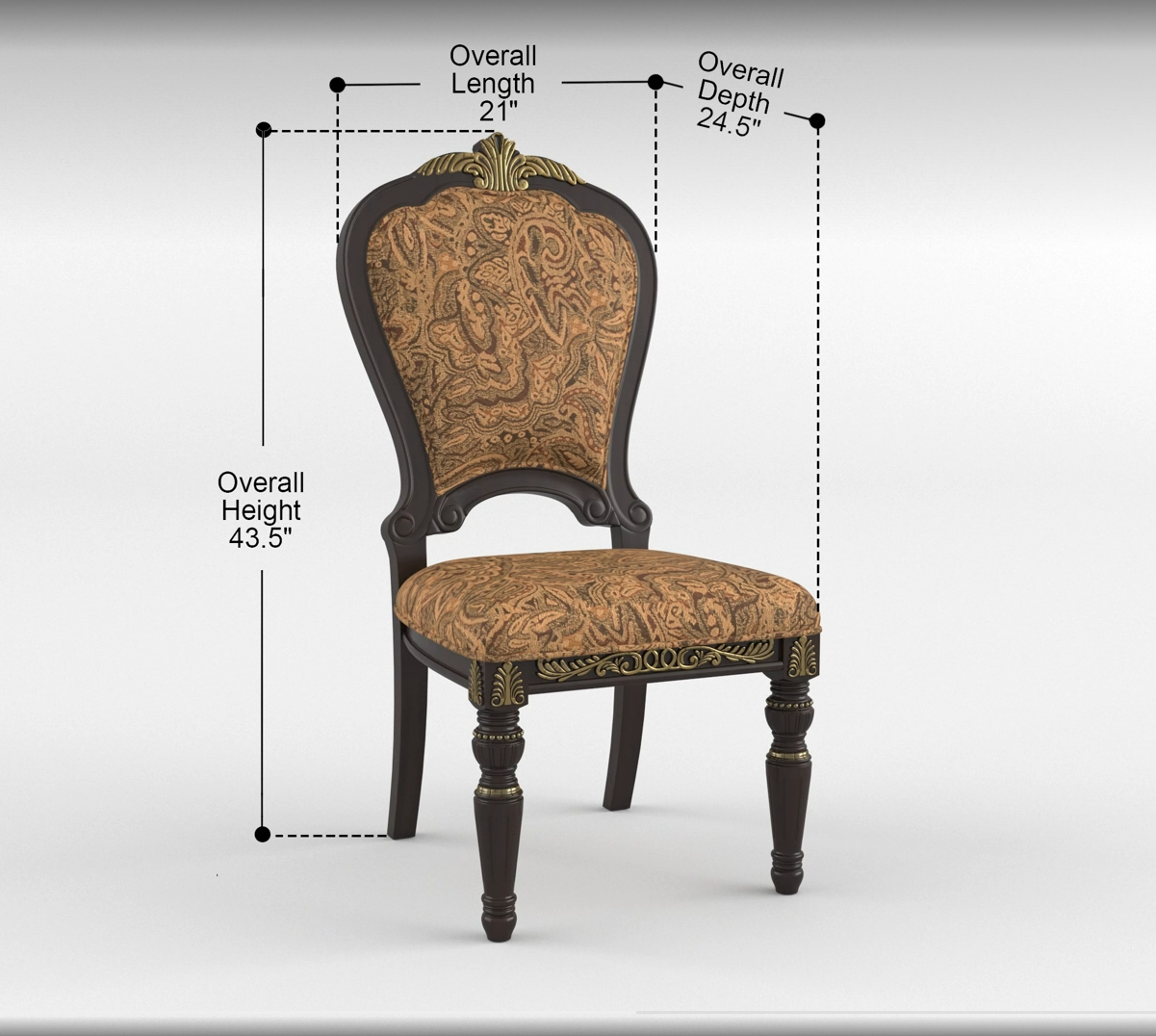 Traditional Formal Side Chairs Set of 2, Cherry Finish with Gold Tipping Jacquard Fabric Upholstery Luxury Dining Furniture