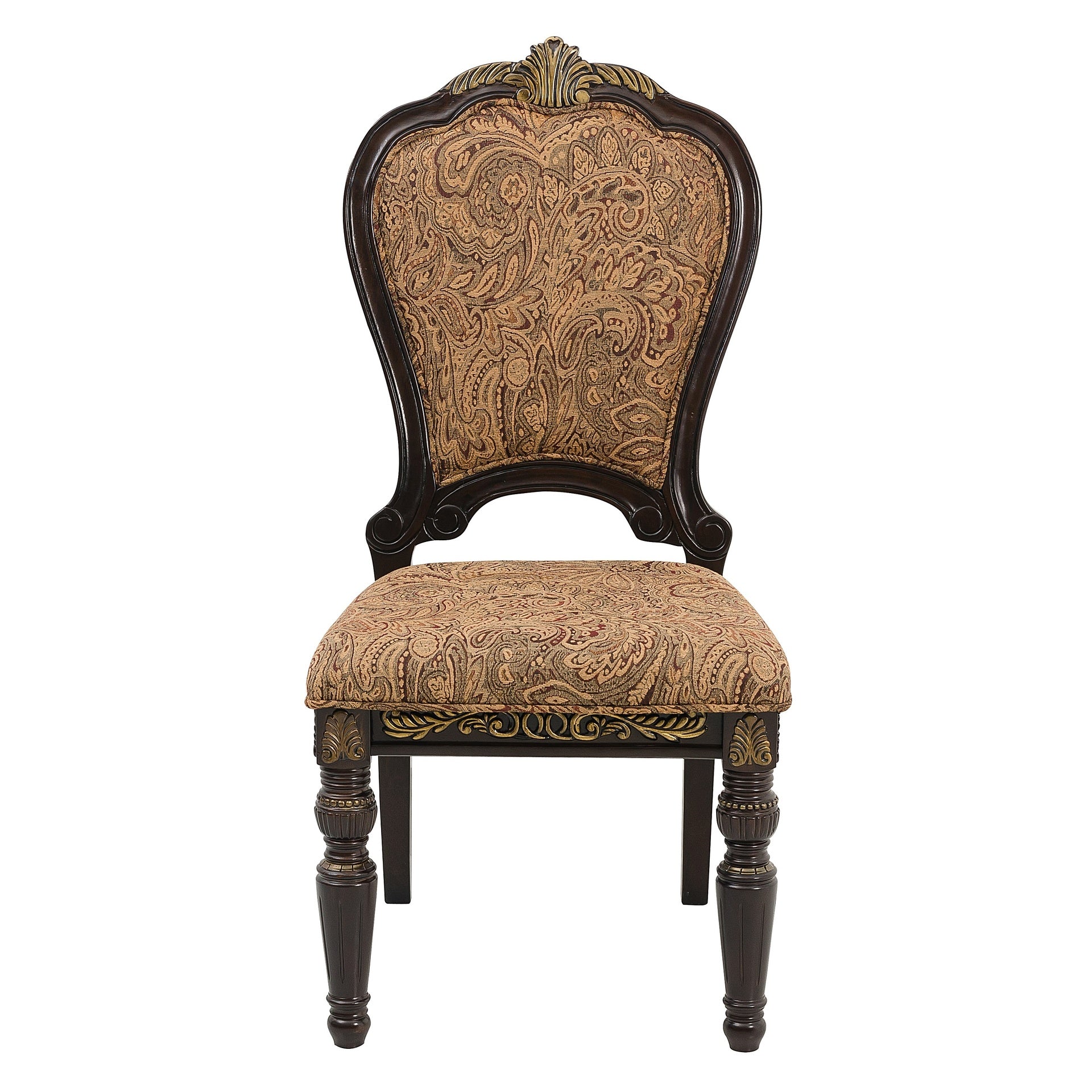Traditional Formal Side Chairs Set of 2, Cherry Finish with Gold Tipping Jacquard Fabric Upholstery Luxury Dining Furniture