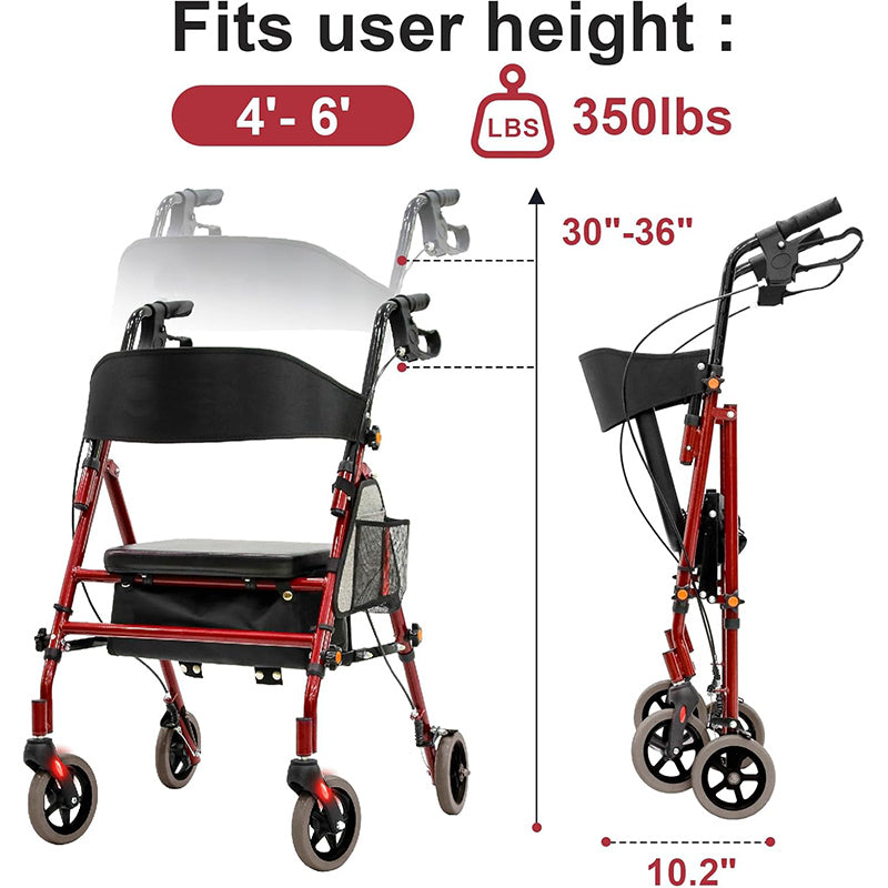 Lightweight Foldable Rollator Walkers with Seat for Seniors, 350 lb Capacity, 5-Position Adjustable Height, Premium Hybrid Rolling Walker - Aluminum and Carbon Steel (Red)
