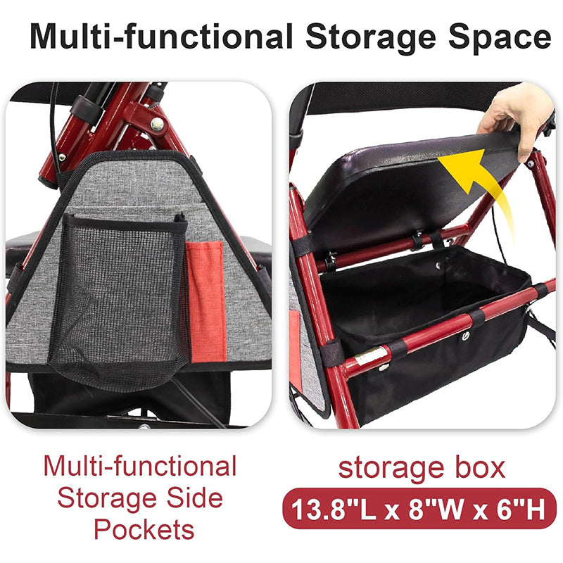 Lightweight Foldable Rollator Walkers with Seat for Seniors, 350 lb Capacity, 5-Position Adjustable Height, Premium Hybrid Rolling Walker - Aluminum and Carbon Steel (Red)
