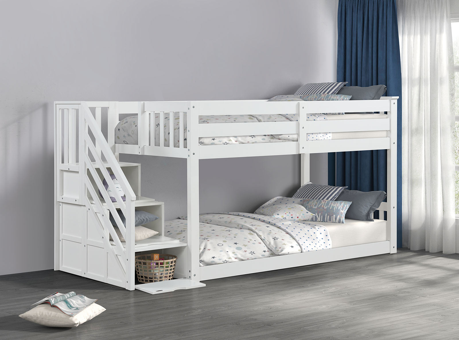 Transitional Style Twin Over Twin Low Bunk Bed Reversible Storage Drawers Staircase White Finish Mattress Ready Bedroom Furniture