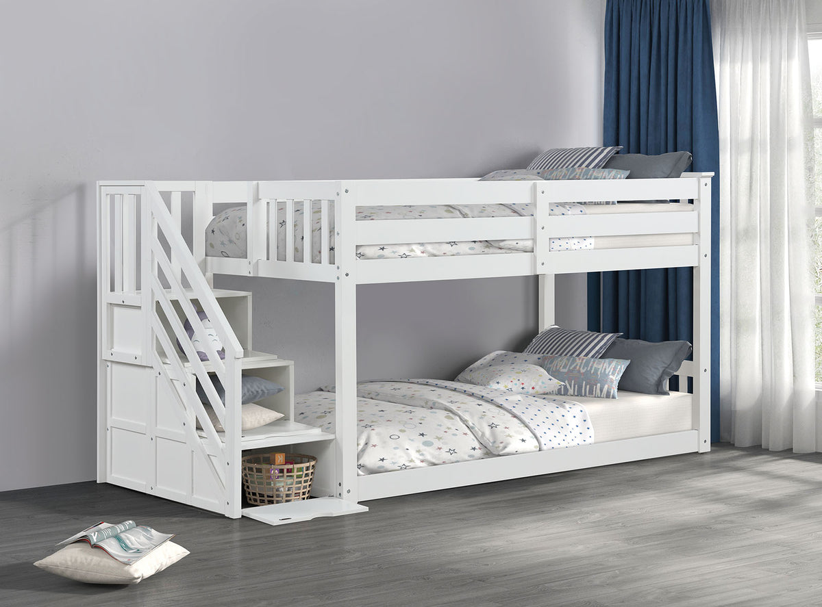 Transitional Style Twin Over Twin Low Bunk Bed Reversible Storage Drawers Staircase White Finish Mattress Ready Bedroom Furniture