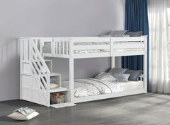 Transitional Style Twin Over Twin Low Bunk Bed Reversible Storage Drawers Staircase White Finish Mattress Ready Bedroom Furniture