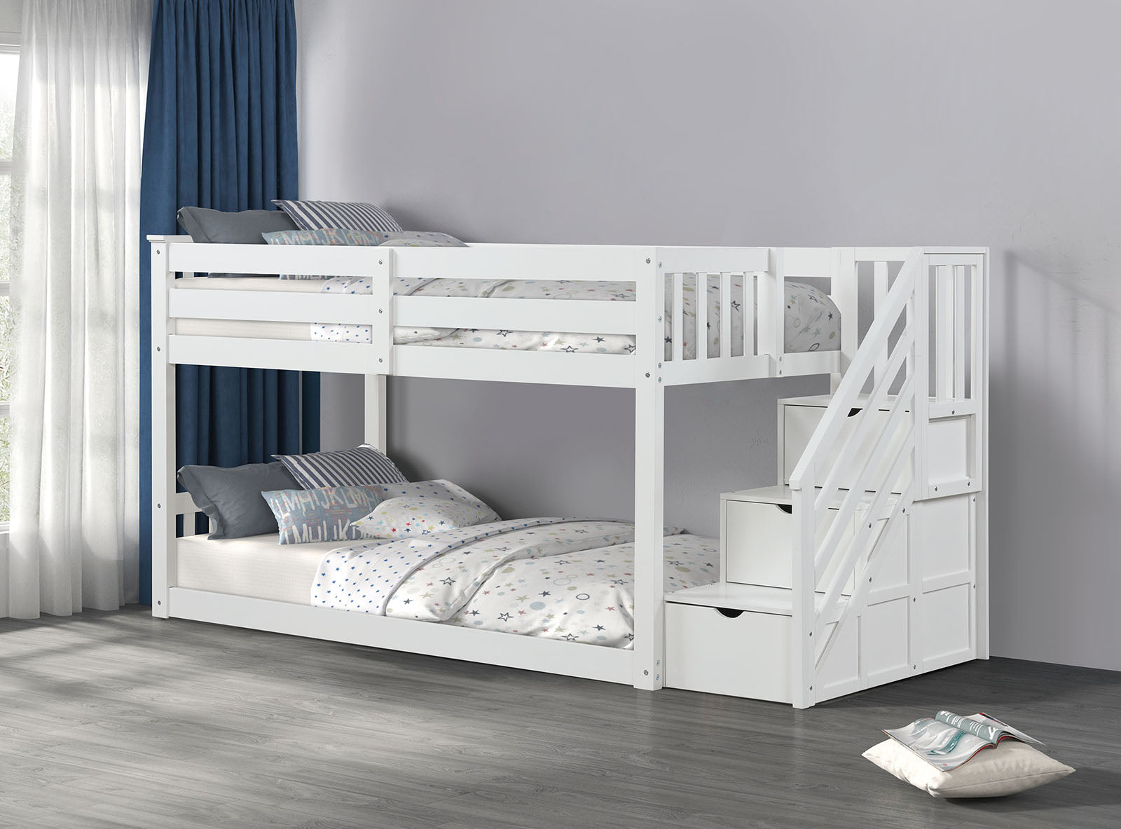 Transitional Style Twin Over Twin Low Bunk Bed Reversible Storage Drawers Staircase White Finish Mattress Ready Bedroom Furniture