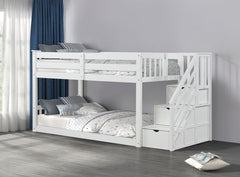 Transitional Style Twin Over Twin Low Bunk Bed Reversible Storage Drawers Staircase White Finish Mattress Ready Bedroom Furniture