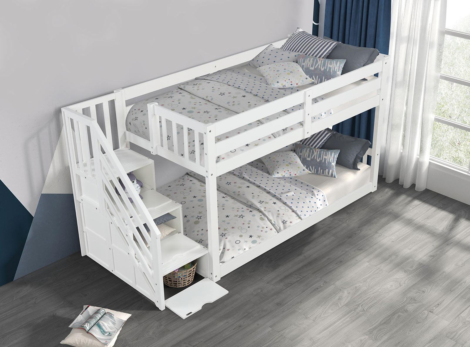 Transitional Style Twin Over Twin Low Bunk Bed Reversible Storage Drawers Staircase White Finish Mattress Ready Bedroom Furniture