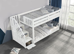 Transitional Style Twin Over Twin Low Bunk Bed Reversible Storage Drawers Staircase White Finish Mattress Ready Bedroom Furniture