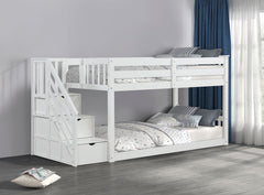 Transitional Style Twin Over Twin Low Bunk Bed Reversible Storage Drawers Staircase White Finish Mattress Ready Bedroom Furniture