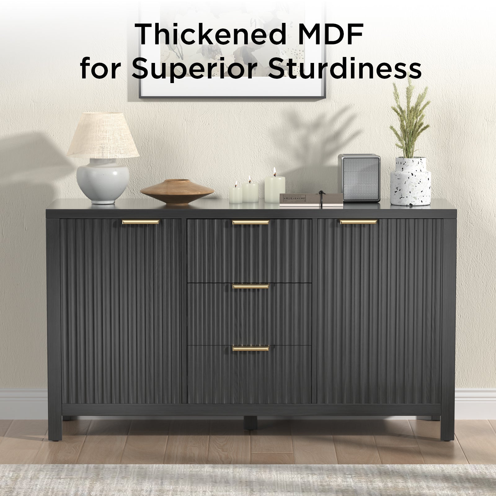 Sideboard Storage Cabinet, Fluted Credenza Buffet Cabinet with Two Doors and Three Drawers for Kitchen and Living Room, Black