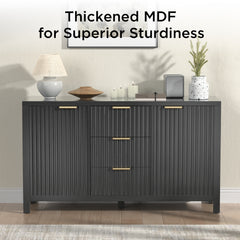 Sideboard Storage Cabinet, Fluted Credenza Buffet Cabinet with Two Doors and Three Drawers for Kitchen and Living Room, Black