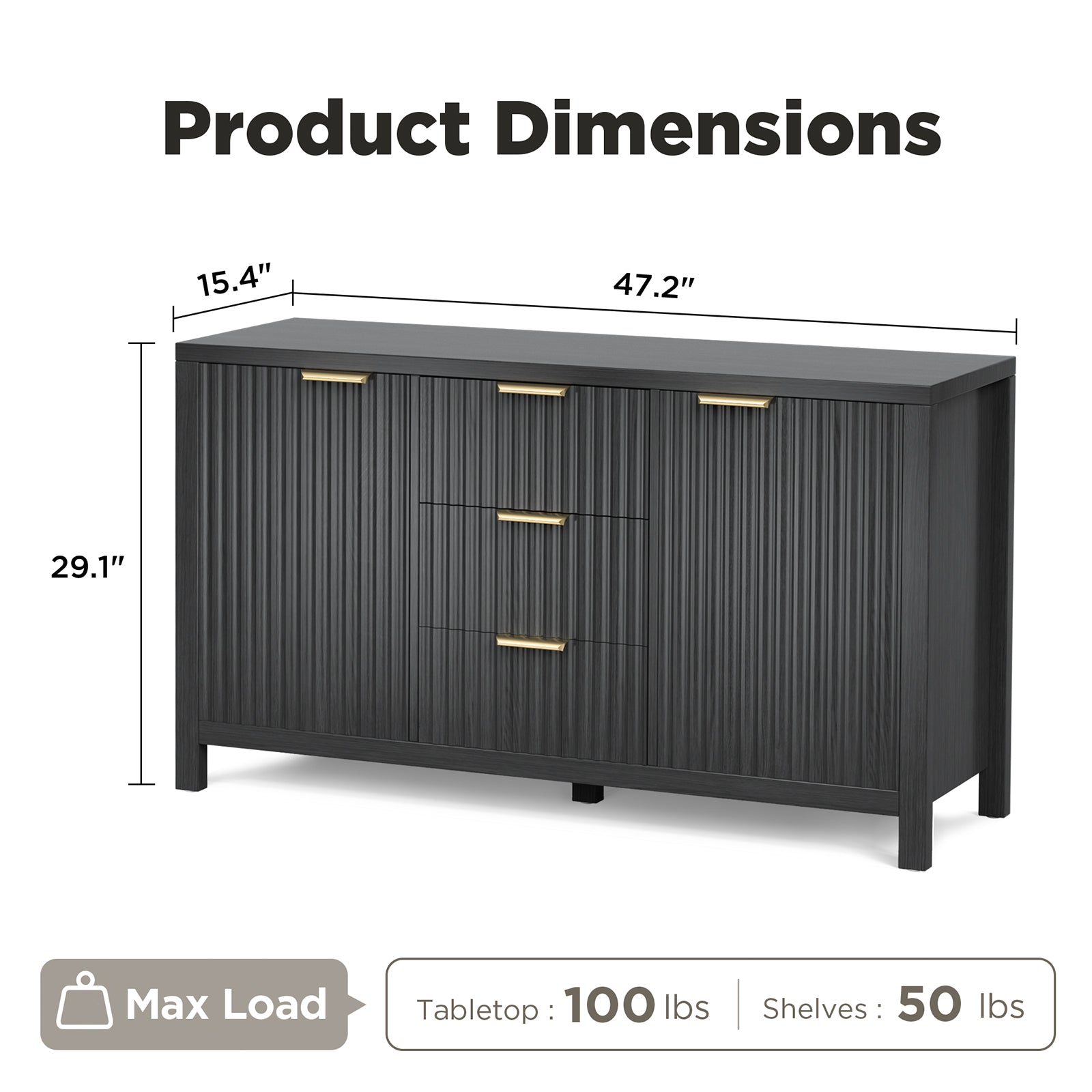Sideboard Storage Cabinet, Fluted Credenza Buffet Cabinet with Two Doors and Three Drawers for Kitchen and Living Room, Black