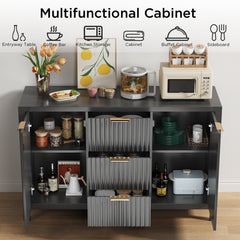 Sideboard Storage Cabinet, Fluted Credenza Buffet Cabinet with Two Doors and Three Drawers for Kitchen and Living Room, Black