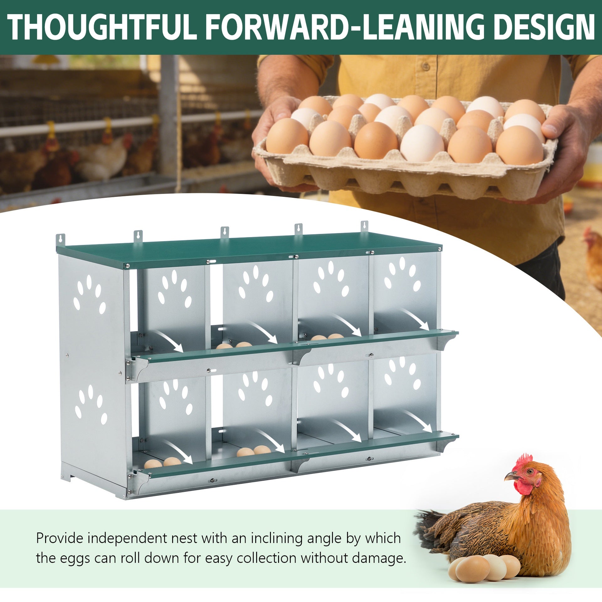 8 Compartment Chicken Nesting Boxes,For Laying Eggs, Metal Poultry Nest Box Wall Mount for Chickens, Hens, Large Vented Holes Chicken Coop Box