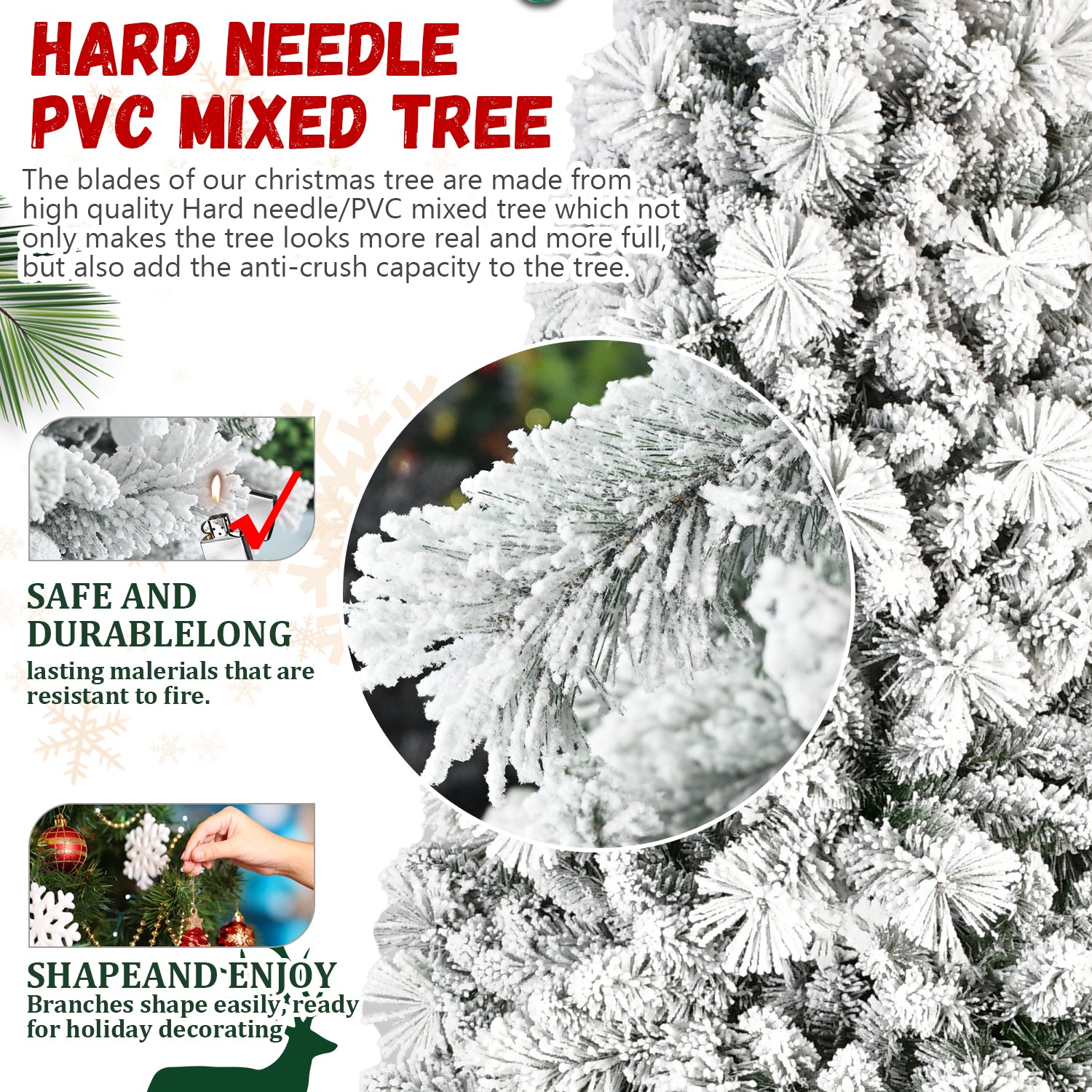 7.5FT Flocked Christmas Tree with 500 Warm White LED Lights – 1252 Tips, Snowy PVC & Hard Needle Branches, Hinged Design for Easy Setup, Sturdy Metal Stand – Full & Realistic Holiday Tree