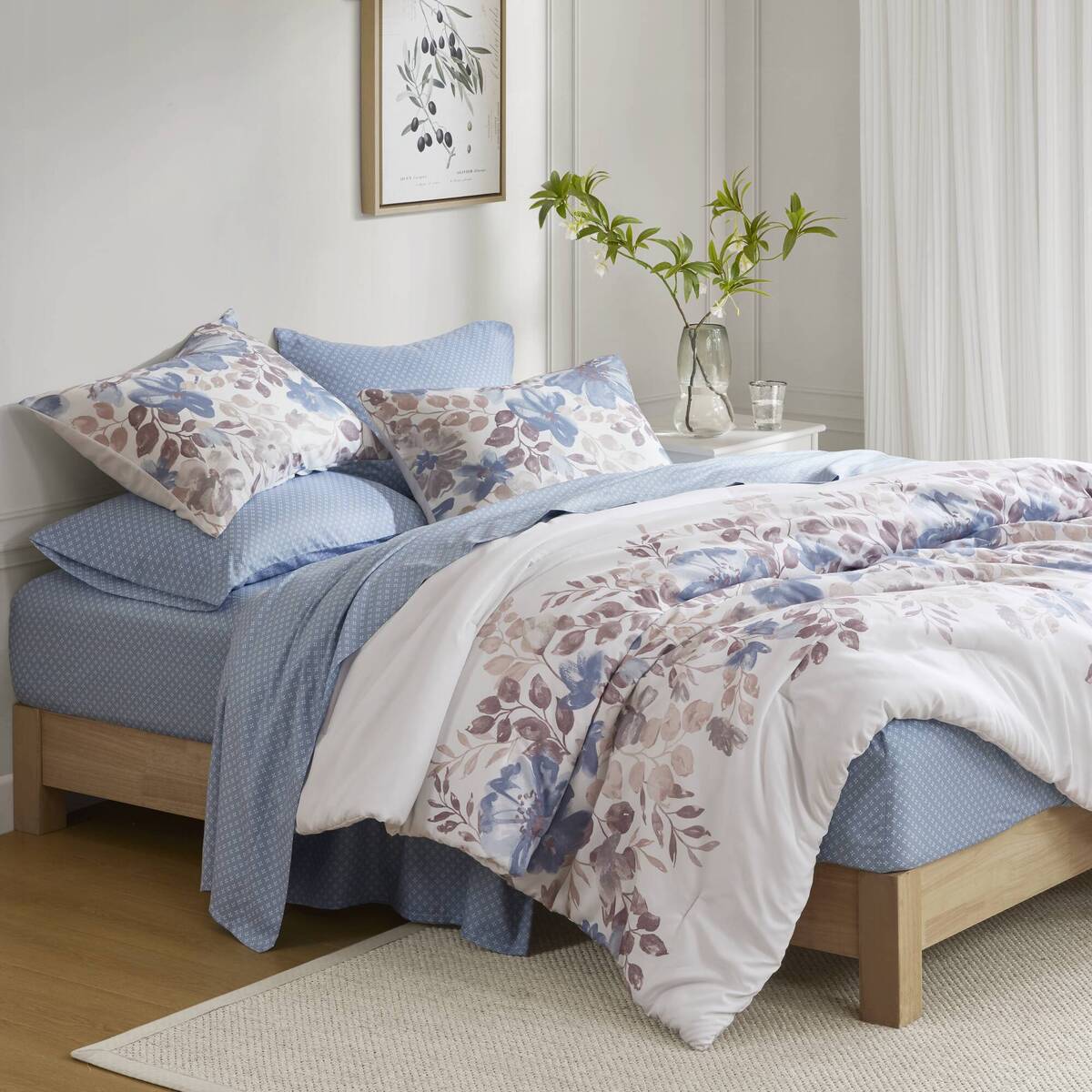 Floral Comforter Set with Bed Sheets Blue Full