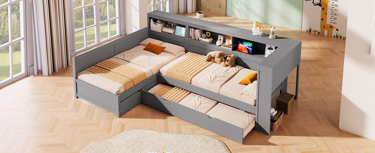 Wood Twin Size L-shaped Platform Bed with Trundle and a Drawer, Grey