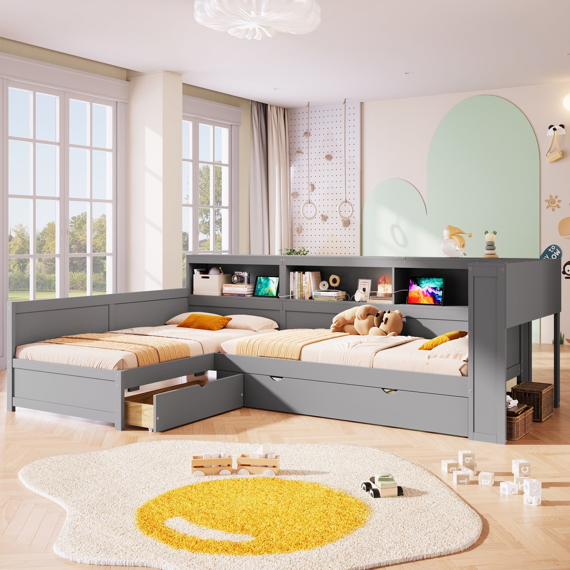 Wood Twin Size L-shaped Platform Bed with Trundle and a Drawer, Grey