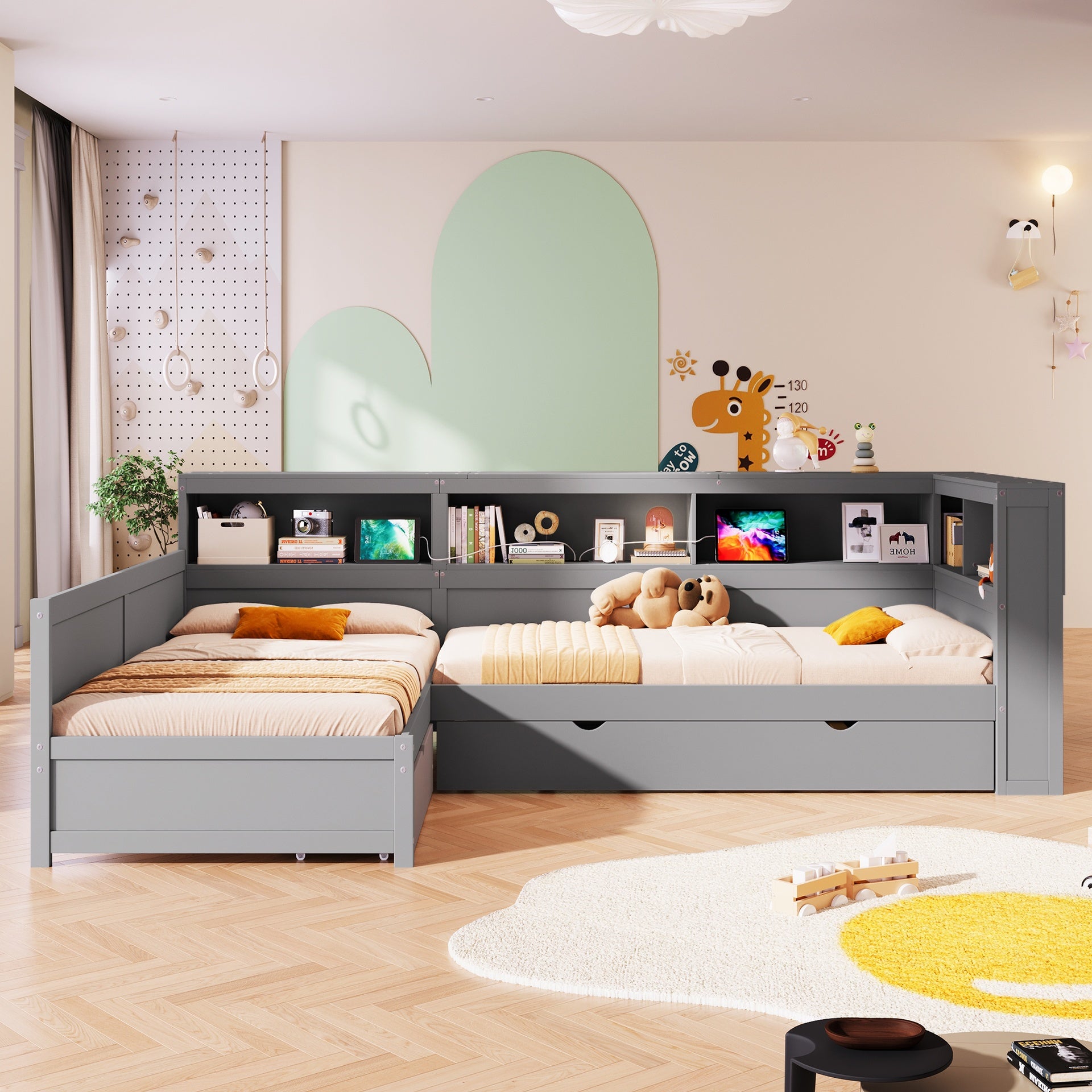 Wood Twin Size L-shaped Platform Bed with Trundle and a Drawer, Grey