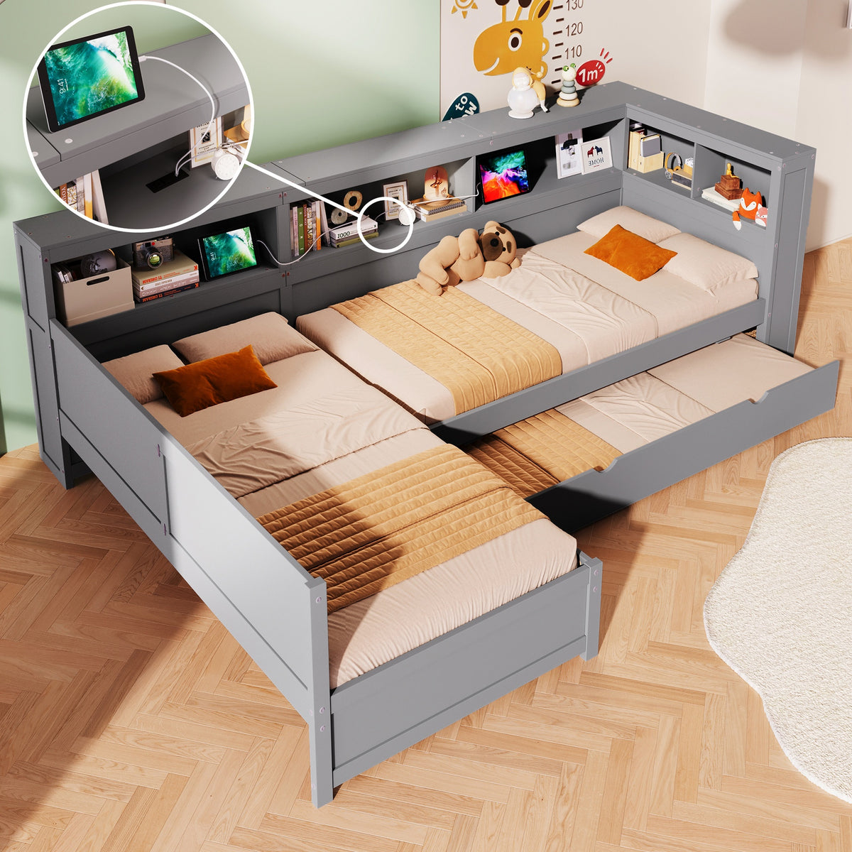 Wood Twin Size L-shaped Platform Bed with Trundle and a Drawer, Grey
