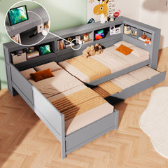 Wood Twin Size L-shaped Platform Bed with Trundle and a Drawer, Grey