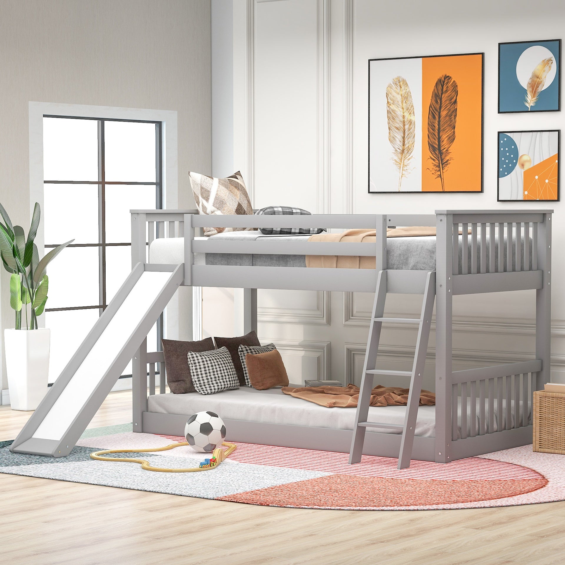 Twin over Twin Bunk Bed with Convertible Slide and Ladder, Gray