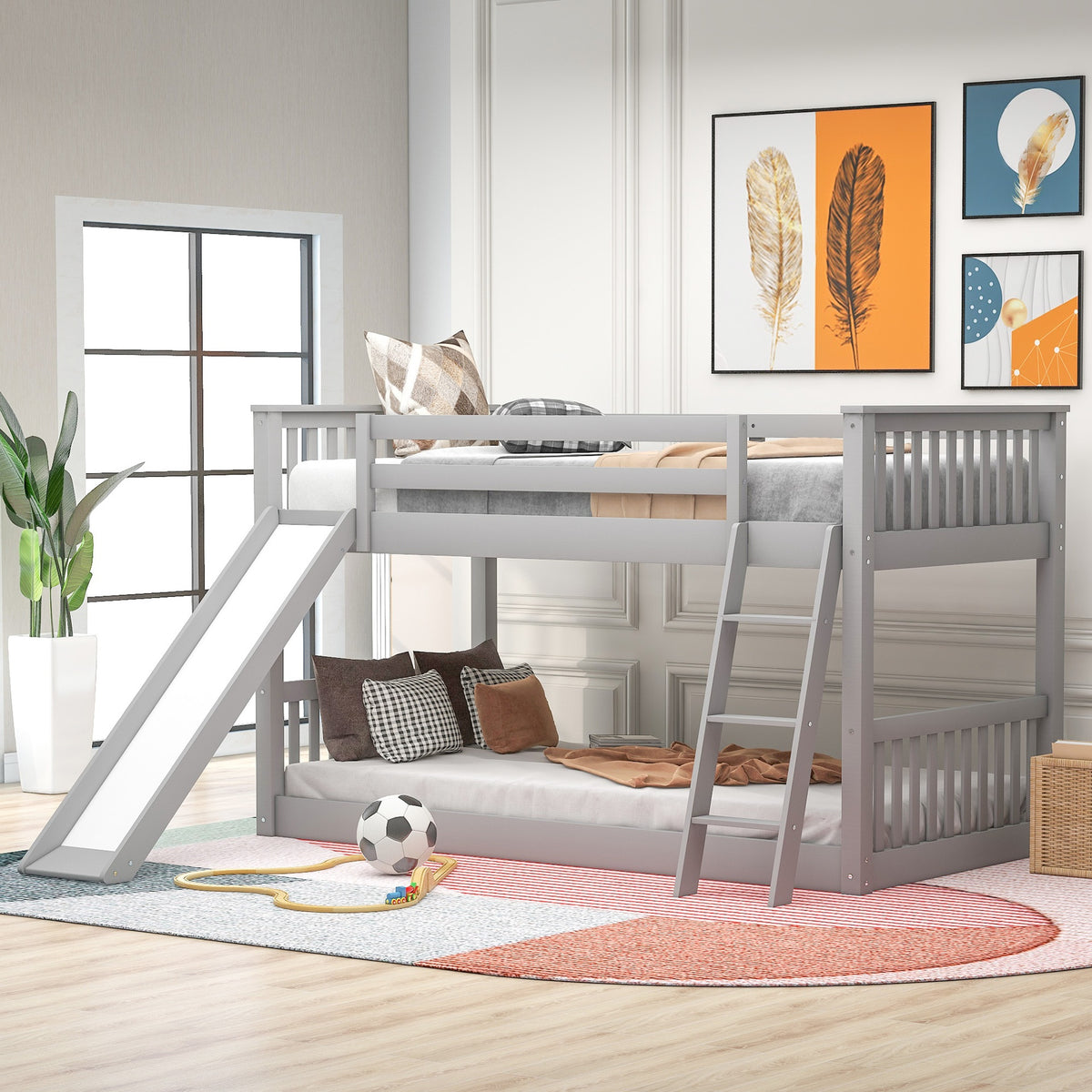 Twin over Twin Bunk Bed with Convertible Slide and Ladder, Gray