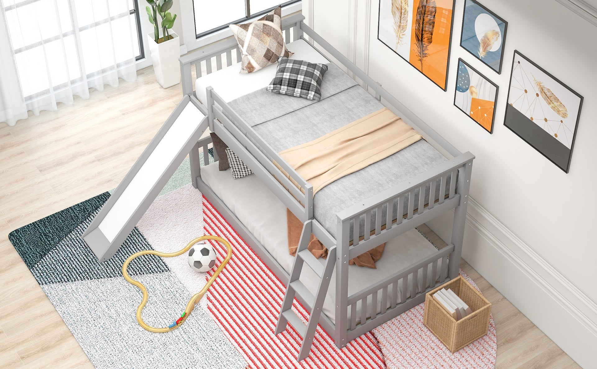 Twin over Twin Bunk Bed with Convertible Slide and Ladder, Gray