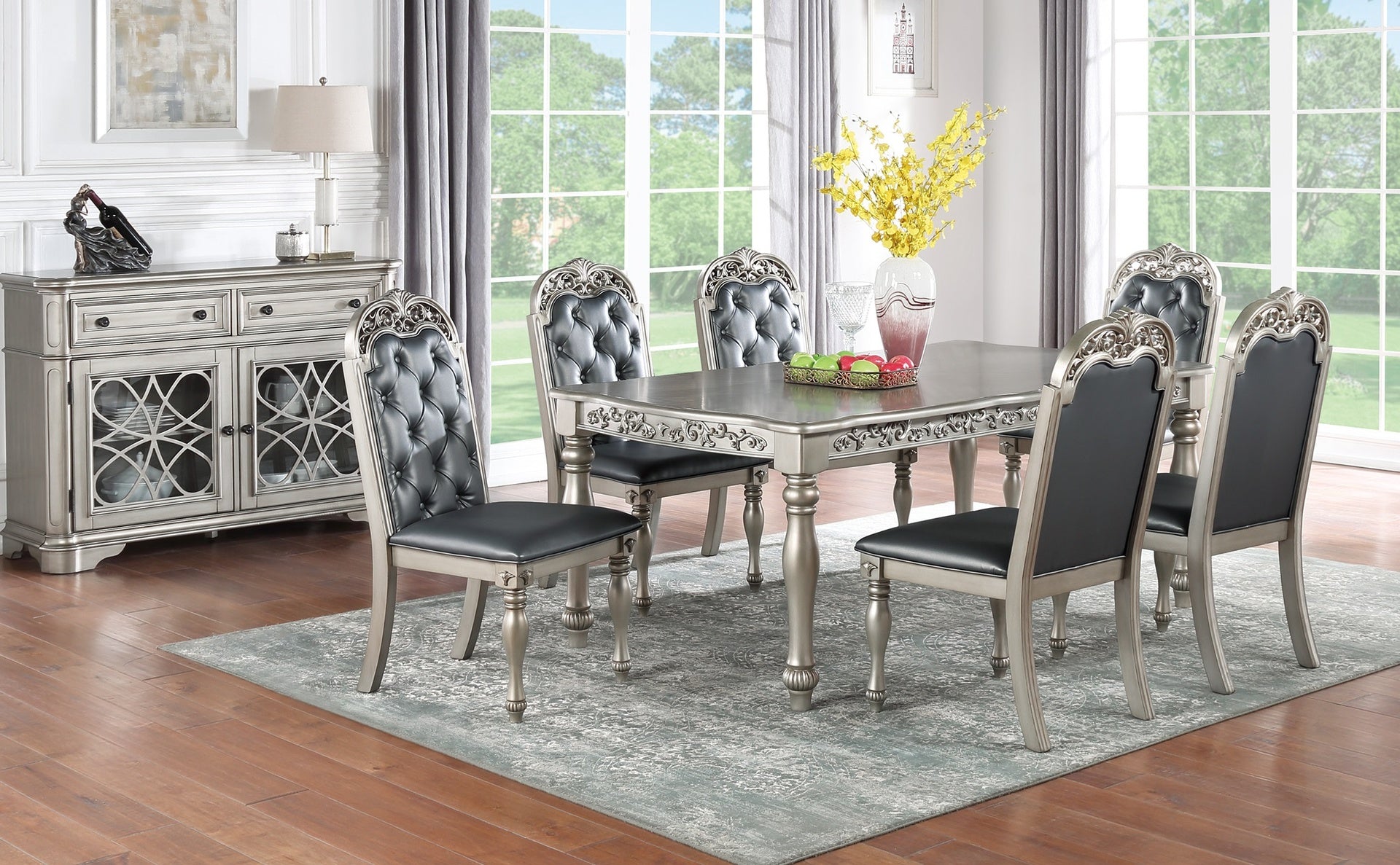 Traditional Formal Silver / Grey Finish 7pc Dining Set Table w 6x Side Chairs Rubber wood Intricate Design Tufted back Cushion Seat Dining Room Furniture