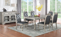 Traditional Formal Silver / Grey Finish 7pc Dining Set Table w 6x Side Chairs Rubber wood Intricate Design Tufted back Cushion Seat Dining Room Furniture