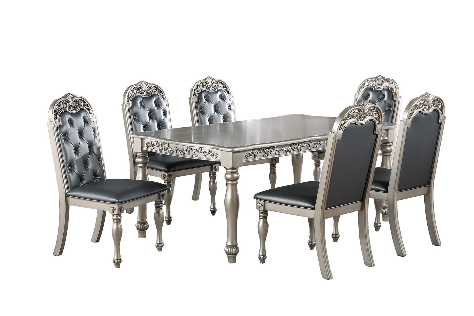 Traditional Formal Silver / Grey Finish 7pc Dining Set Table w 6x Side Chairs Rubber wood Intricate Design Tufted back Cushion Seat Dining Room Furniture