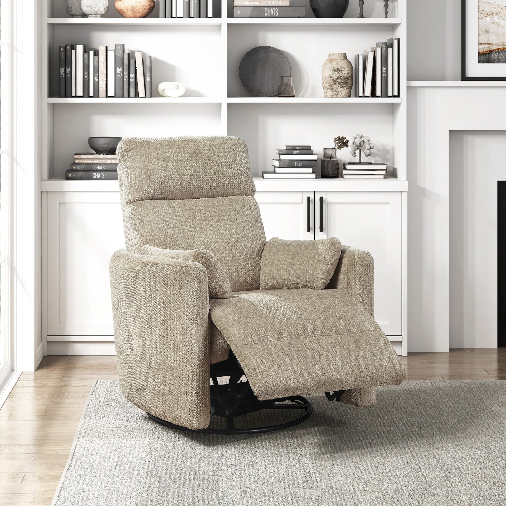 Modern Swivel Glider Reclining Chair Brown Microfiber Upholstery Plush Comfort Matching Pillows Living Room Furniture 1pc