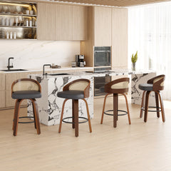 Swivel Bar Stools Set of 2, Modern Wood Frame with Rattan Back, PU Leather Stool for Kitchen Counter, Mid Century Upholstered Barstools with Footrest,Industrial Counter Height Stools