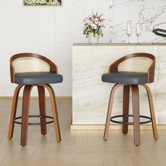 Swivel Bar Stools Set of 2, Modern Wood Frame with Rattan Back, PU Leather Stool for Kitchen Counter, Mid Century Upholstered Barstools with Footrest,Industrial Counter Height Stools