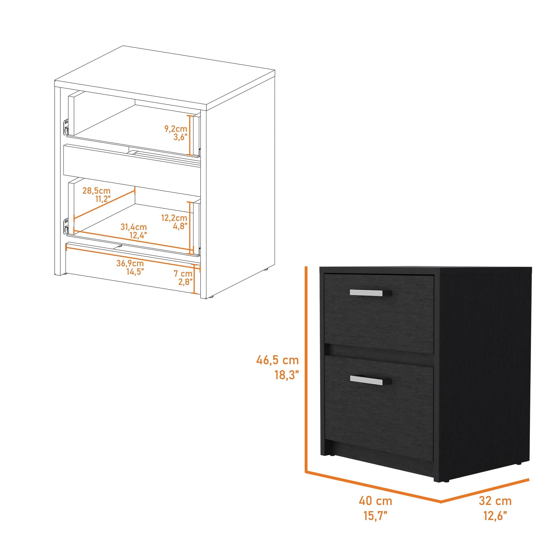 Myrtle 2 Drawers Nightstand, Bedside Table with Metal Handles