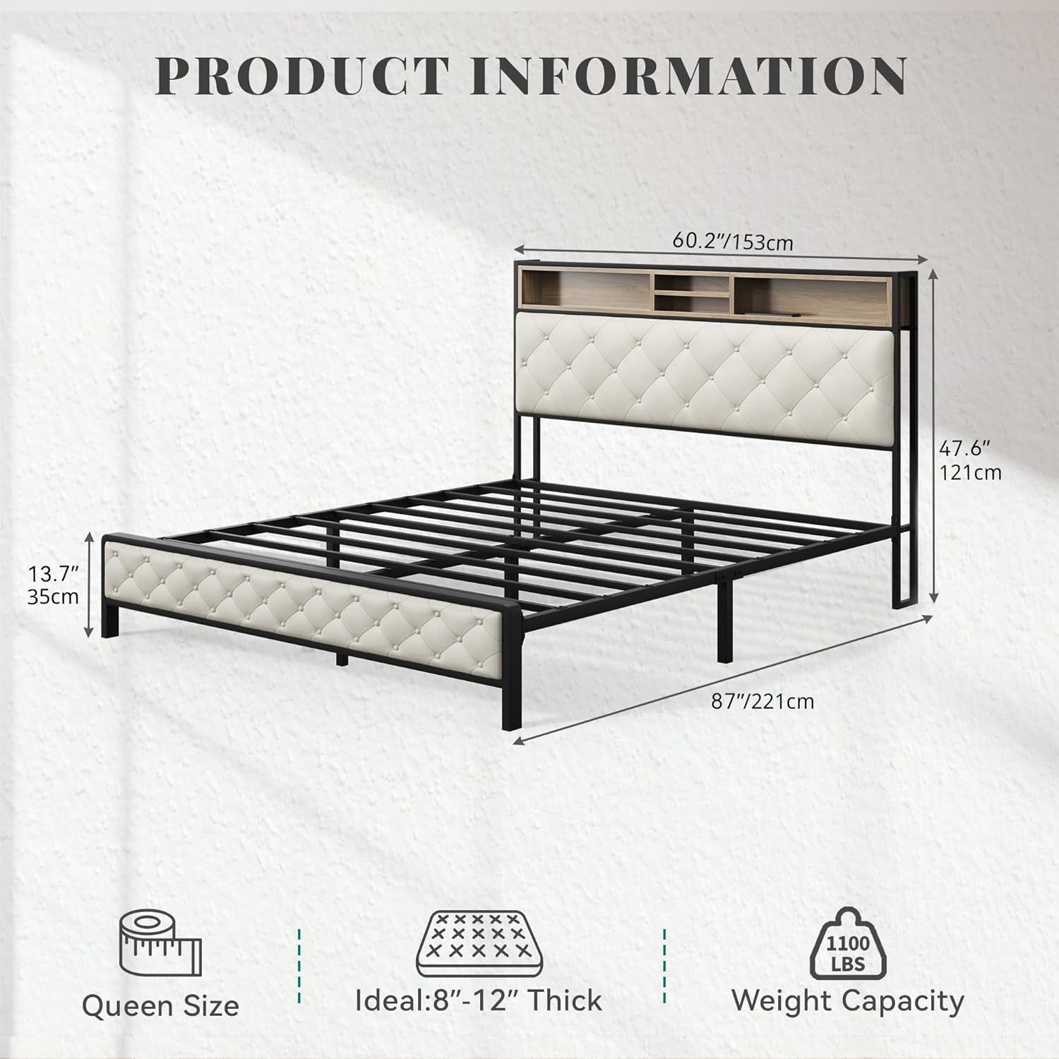 Queen Size Bed Frame, Platform Bed Frame with Charging Station, Upholstered Storage Headboard & Footboard Metal Slats Supports Mattress Foundation, No Box Spring Needed, Beige(No Drawers)
