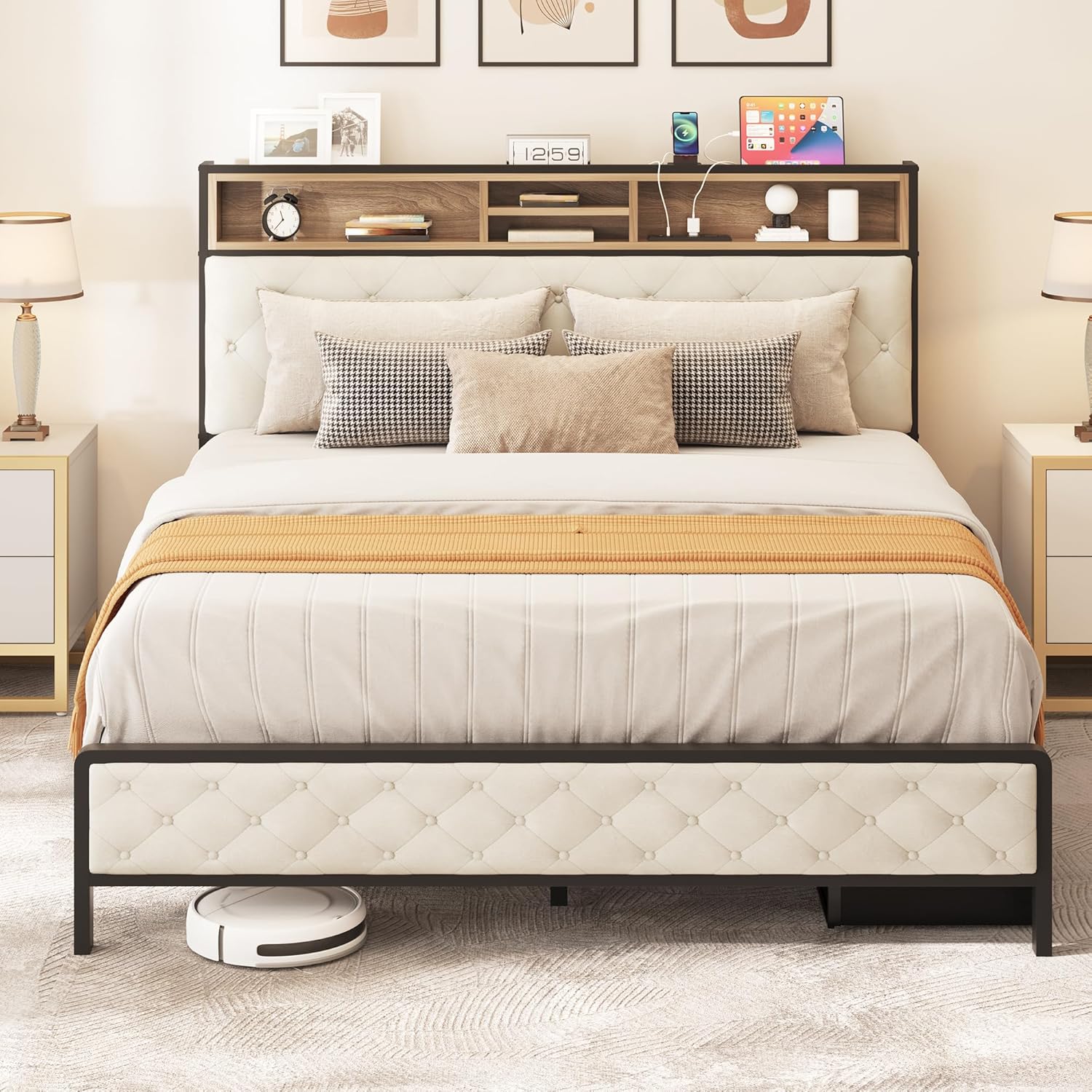 Queen Size Bed Frame, Platform Bed Frame with Charging Station, Upholstered Storage Headboard & Footboard Metal Slats Supports Mattress Foundation, No Box Spring Needed, Beige(No Drawers)