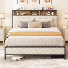 Queen Size Bed Frame, Platform Bed Frame with Charging Station, Upholstered Storage Headboard & Footboard Metal Slats Supports Mattress Foundation, No Box Spring Needed, Beige(No Drawers)