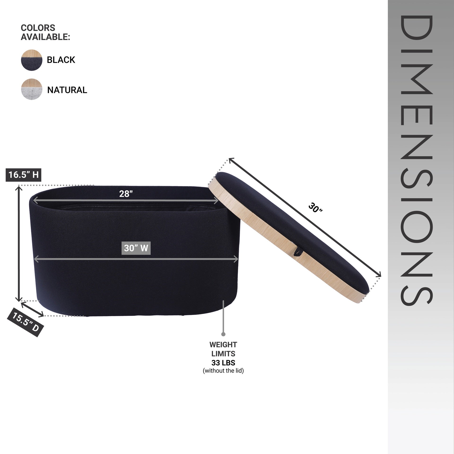 Storage Ottoman with Reversible Wooden Tray Top, Black