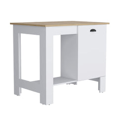 Kitchen Island 35" H, One Storage Cabinet with Door, Two Internal Shelves, One Open storage Shelf, White/Macadamia