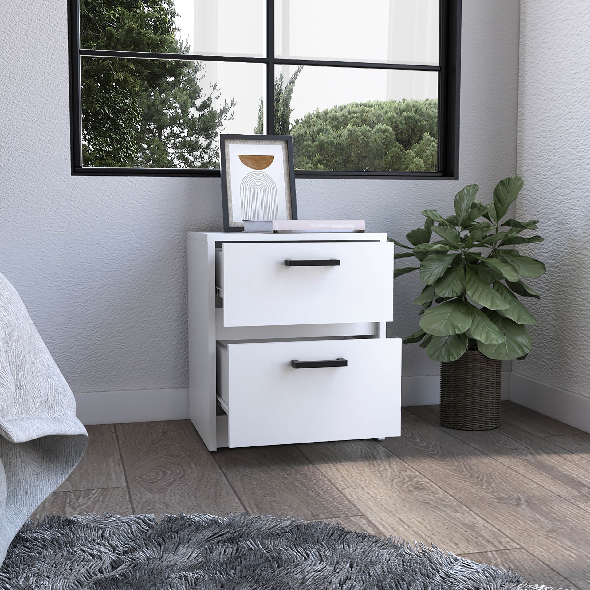 Nightstand 18"H , 2 Drawers with Metal Handles, White