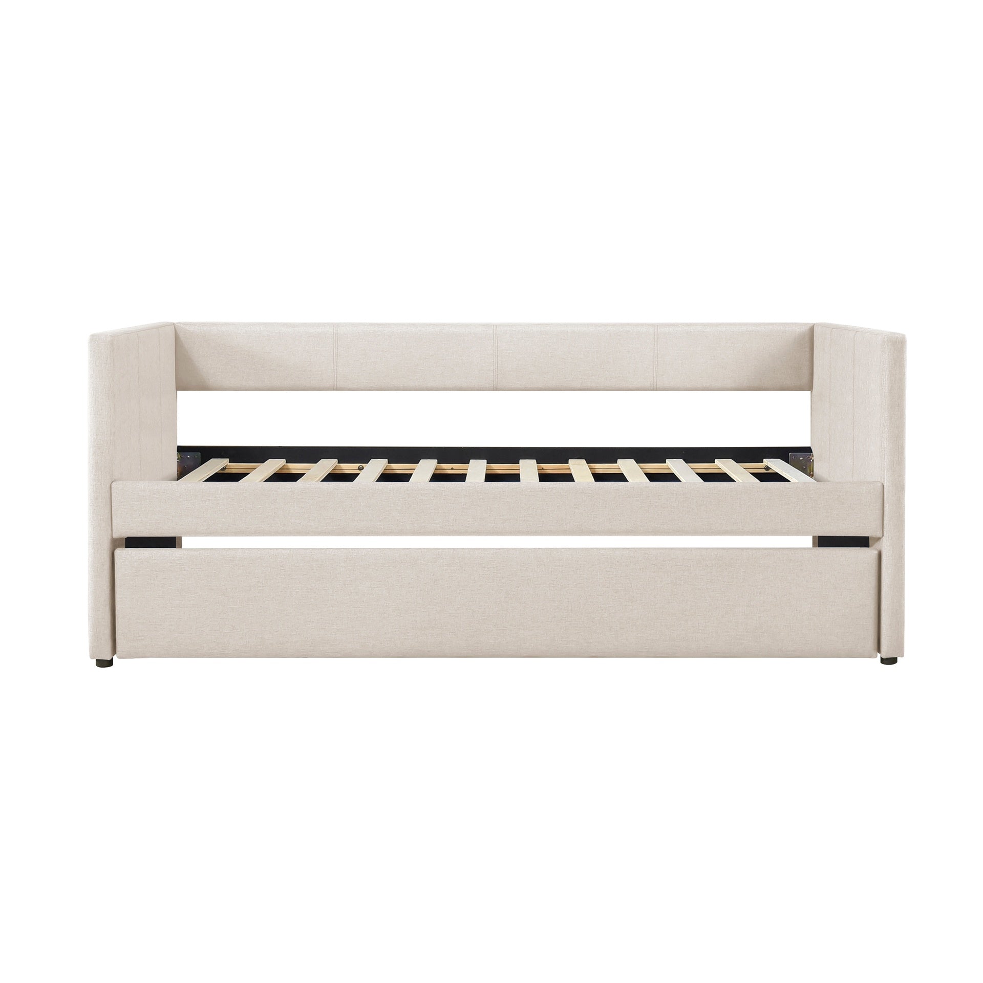 1pc Daybed with Trundle Beige Fabric Upholstery Wooden Frame Modern Home Furniture