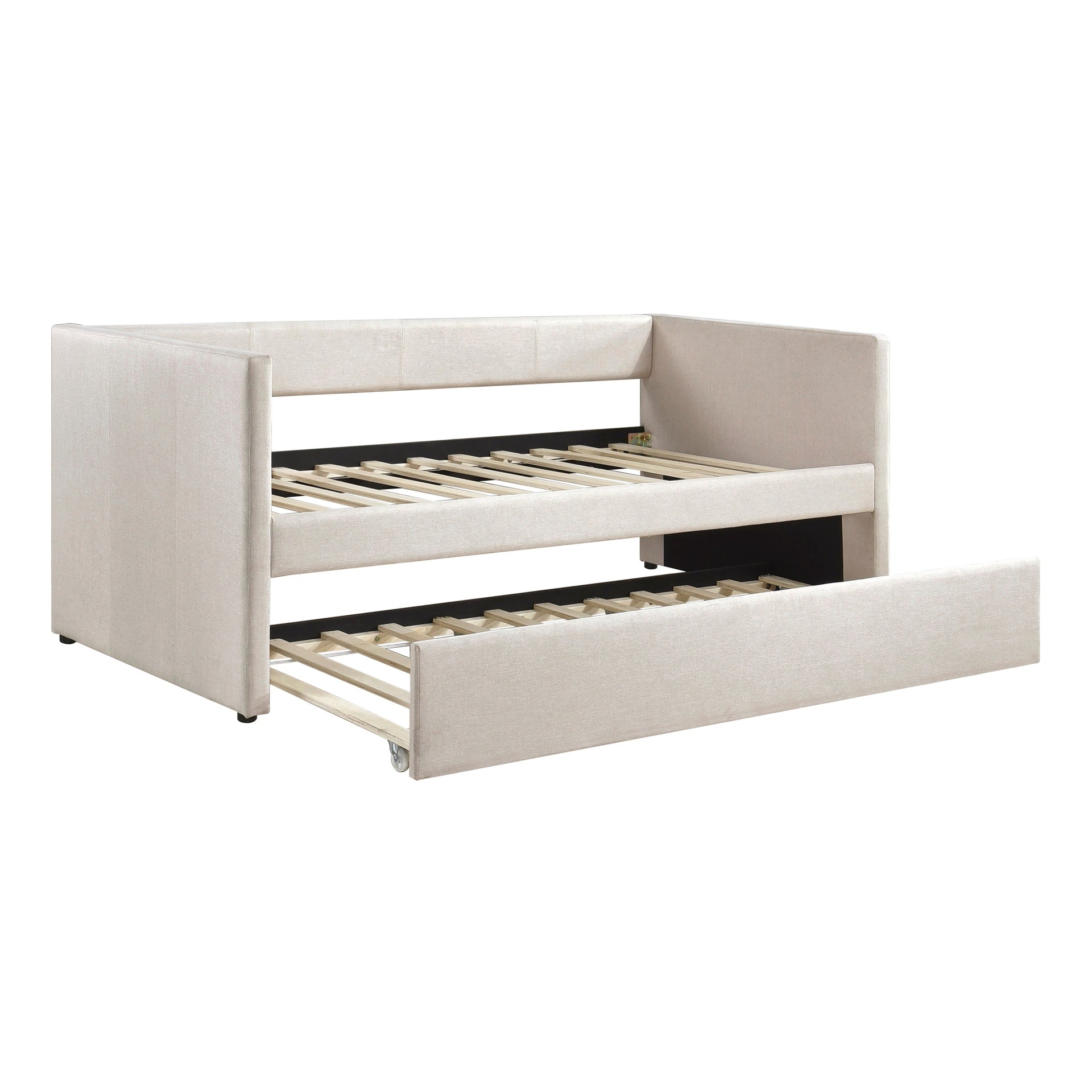 1pc Daybed with Trundle Beige Fabric Upholstery Wooden Frame Modern Home Furniture