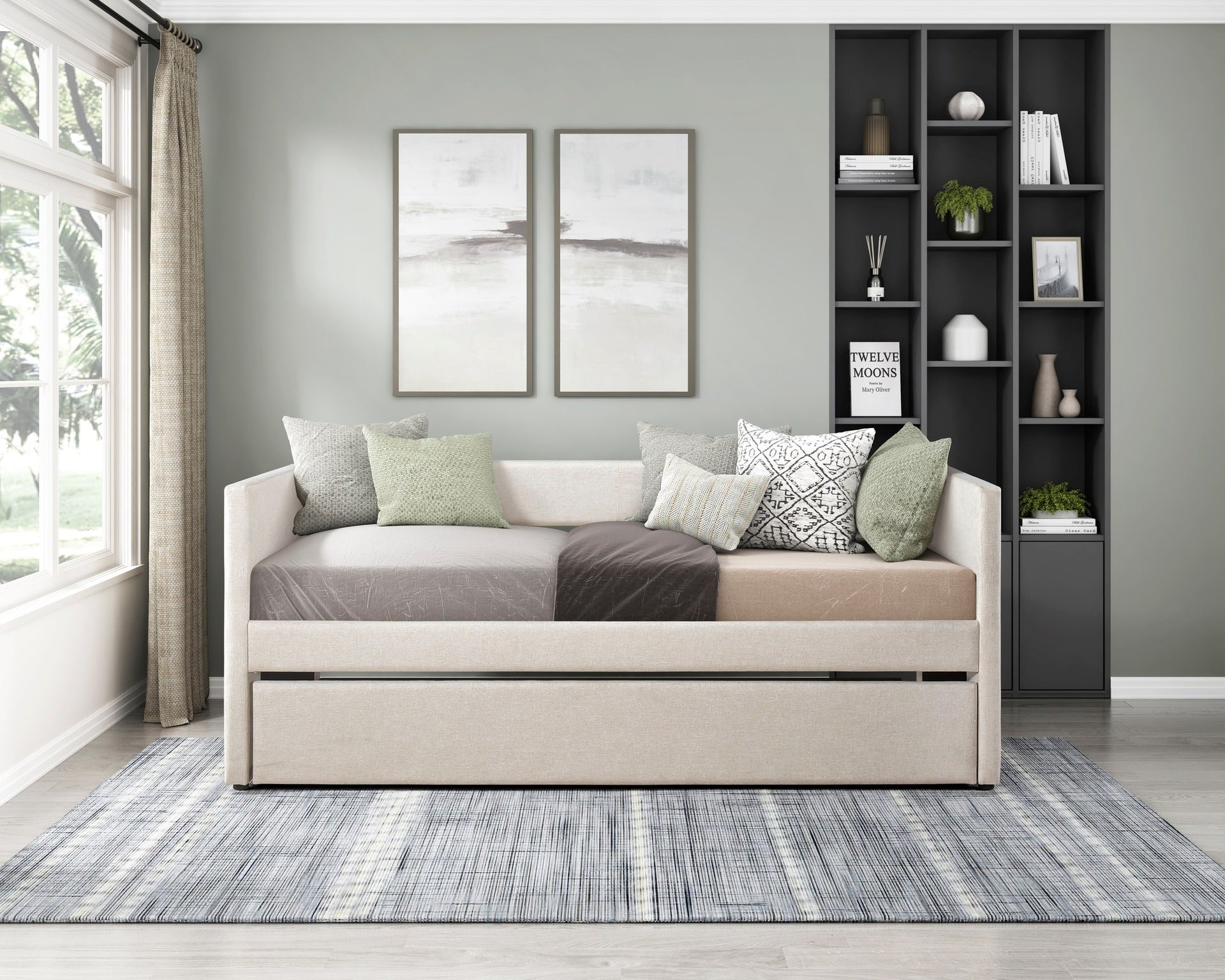 1pc Daybed with Trundle Beige Fabric Upholstery Wooden Frame Modern Home Furniture