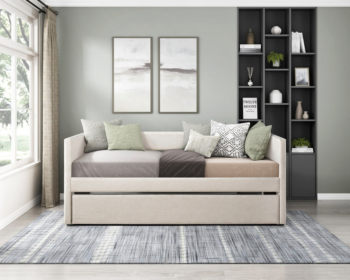 1pc Daybed with Trundle Beige Fabric Upholstery Wooden Frame Modern Home Furniture