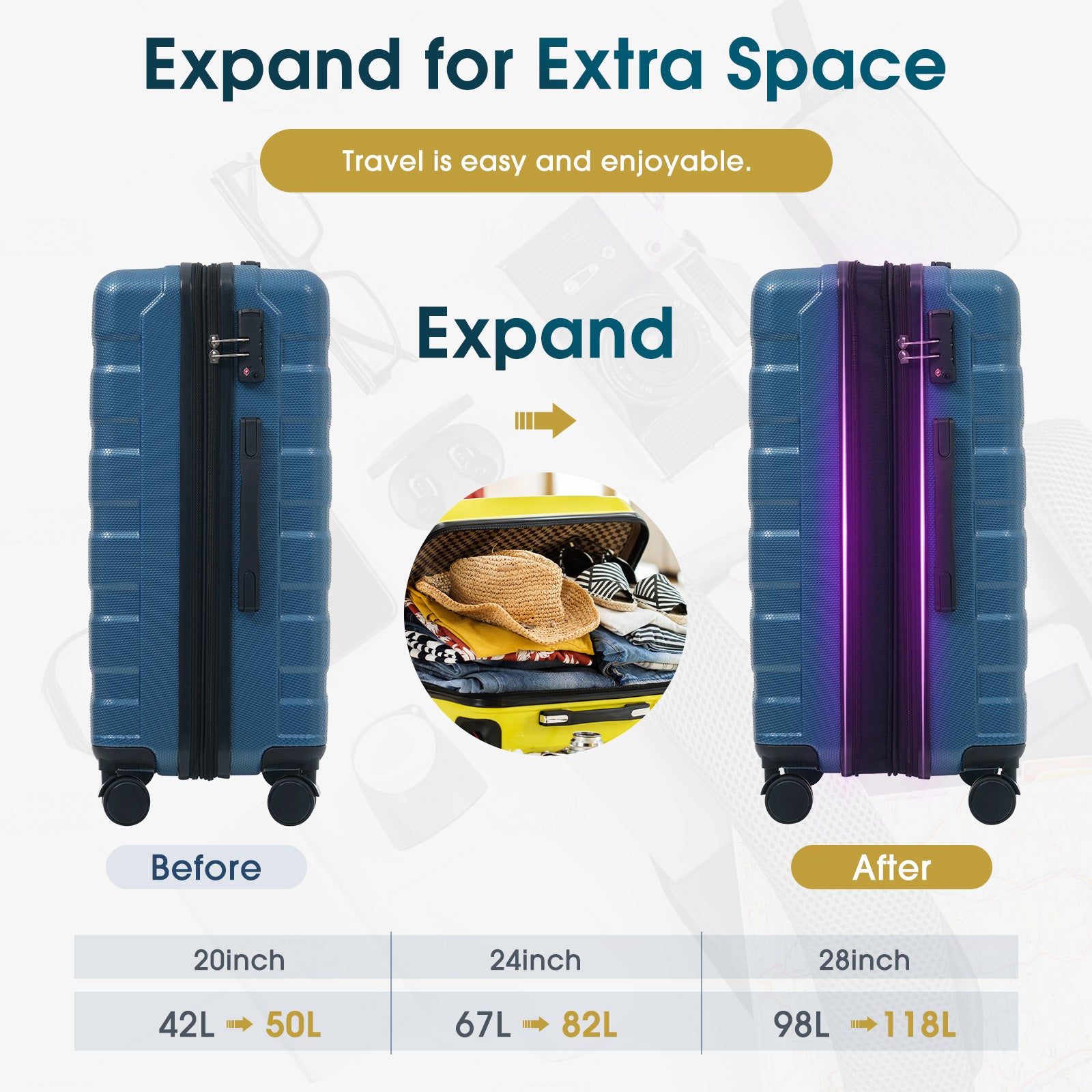 24 Inch Hardshell ABS Checked Luggage, Durable Expandable Travel Suitcase with Spinner Wheels, TSA Lock