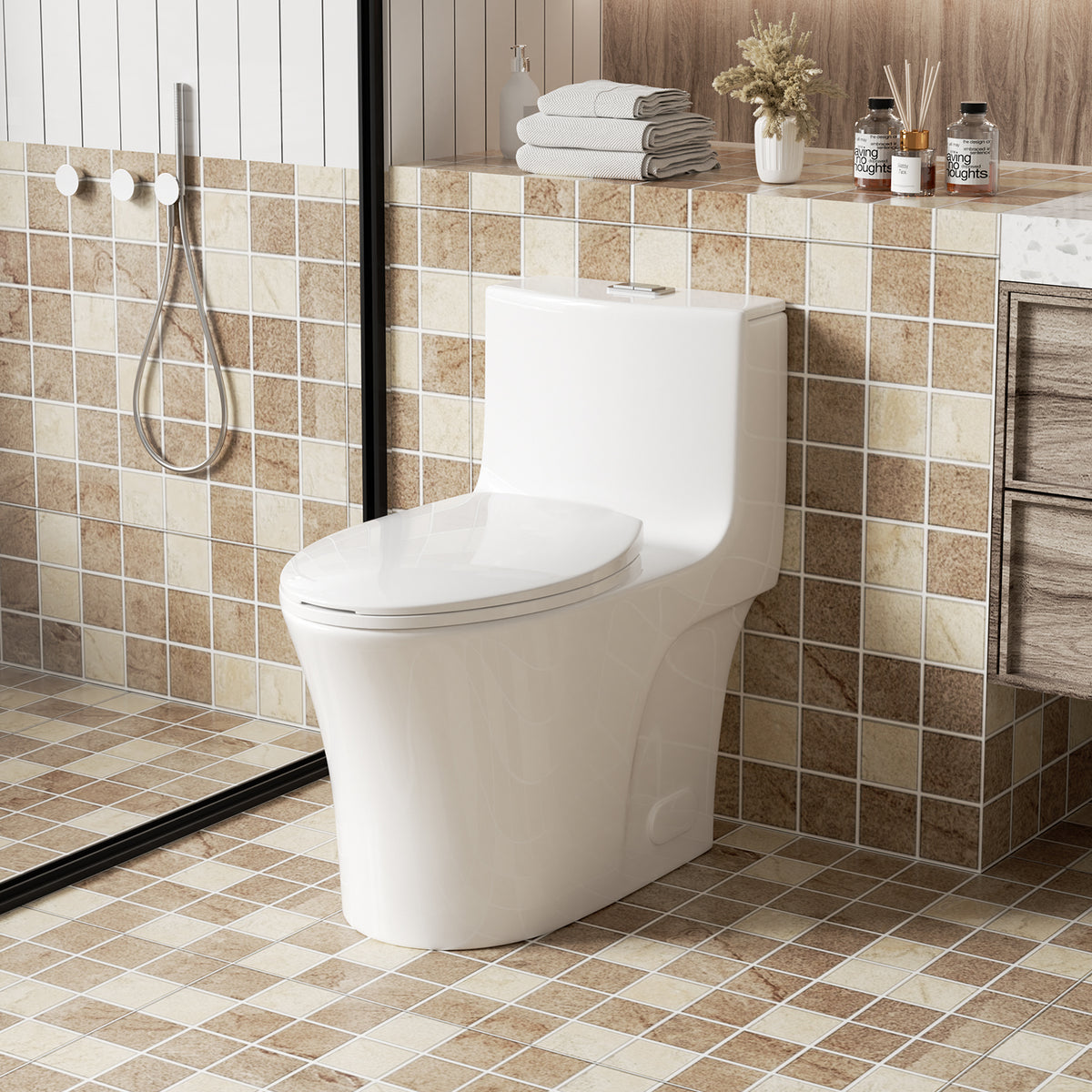 1.1/1.6 GPF Tornado Flush One-Piece Toilet Elongated, Siphonic S-trap 12",Soft Closing Seat, Button on Tank top ,Powerful Dual Flush MAP 1000g, Comfort Chair Seat ADA Height 17", Glossy White GW-002