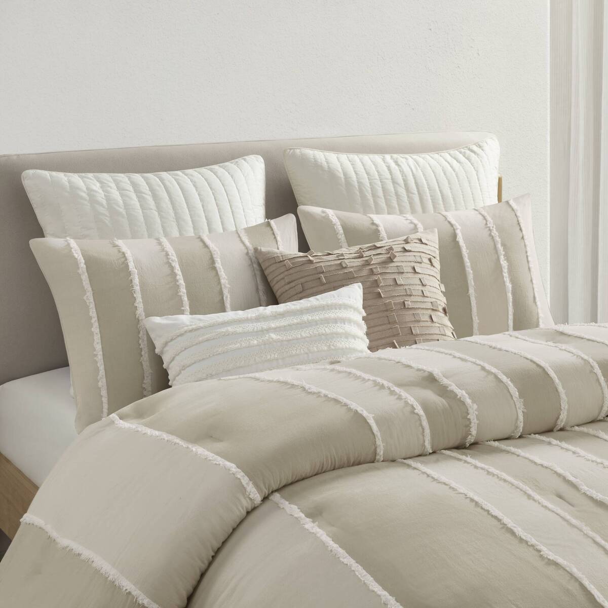 3 Piece Striped Cotton Comforter Set Taupe Full/Queen
