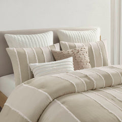 3 Piece Striped Cotton Comforter Set Taupe Full/Queen