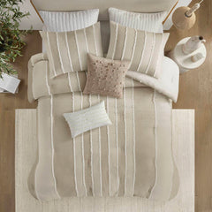 3 Piece Striped Cotton Comforter Set Taupe Full/Queen